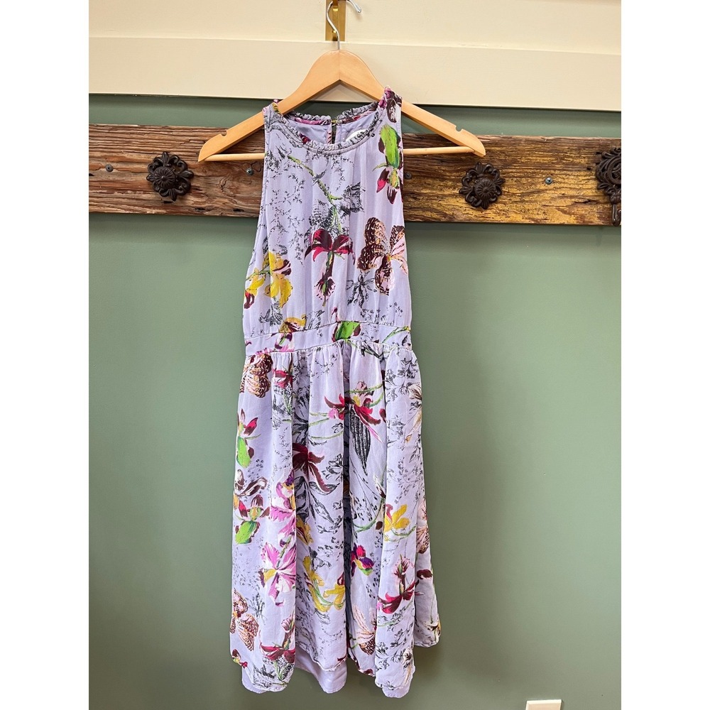 Anthropologie Floral Butterfly Lavender Smocked Waist Midi Dress Womens 8 Purple
